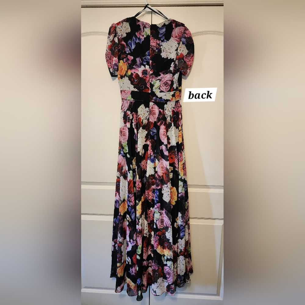 Ieena for Mac DuggalBlack Floral Print Mesh Short Sleeve Gown, Sizee 6 Worn Once - Picture 5 of 15